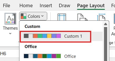 the custom theme colors appear in the colors feature of the page layout section
