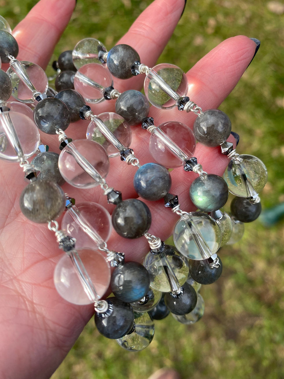 Miniature : Collier Sautoir Argent Cristal de Roche et Labradorite