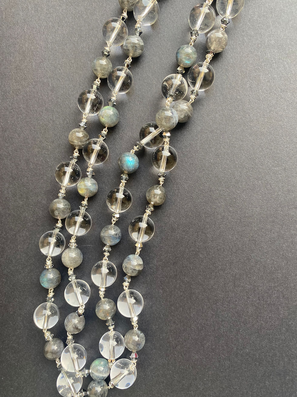Miniature : Collier Sautoir Argent Cristal de Roche et Labradorite
