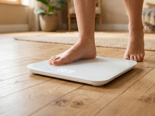 A person stepping onto a weighing scale