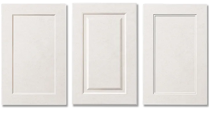 Three pristine white cabinet doors with shaker-style designs, showcasing the final refinished look.