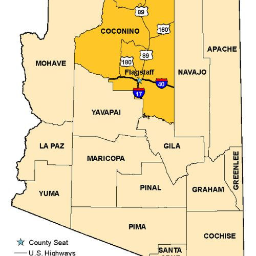 Map of Arizona highlighting Coconino County in yellow, with major highways such as Interstate 17 and Interstate 40 passing through. The city of Flagstaff is prominently marked, emphasizing its location within the county. Surrounding counties are also labeled for reference.