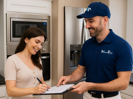 Licensed professional painter in uniform going over a service agreement with a smiling homeowner in a modern kitchen.