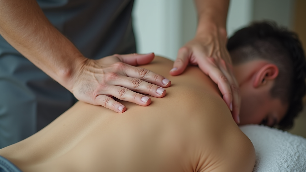 Close-up view of chiropractic adjustment on patient's back
