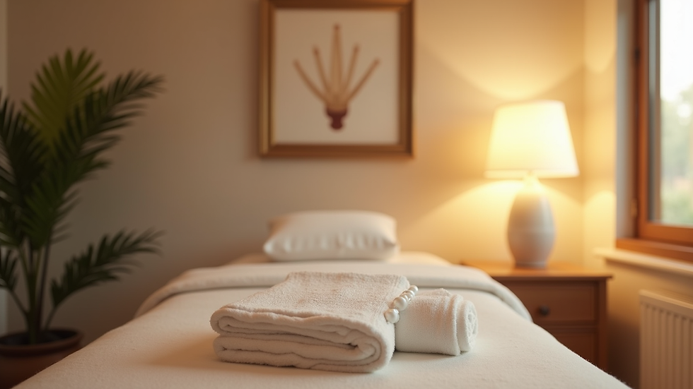Eye-level view of a serene acupuncture treatment room