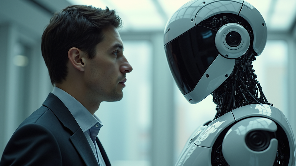 Eye-level view of a futuristic robot interacting with a human