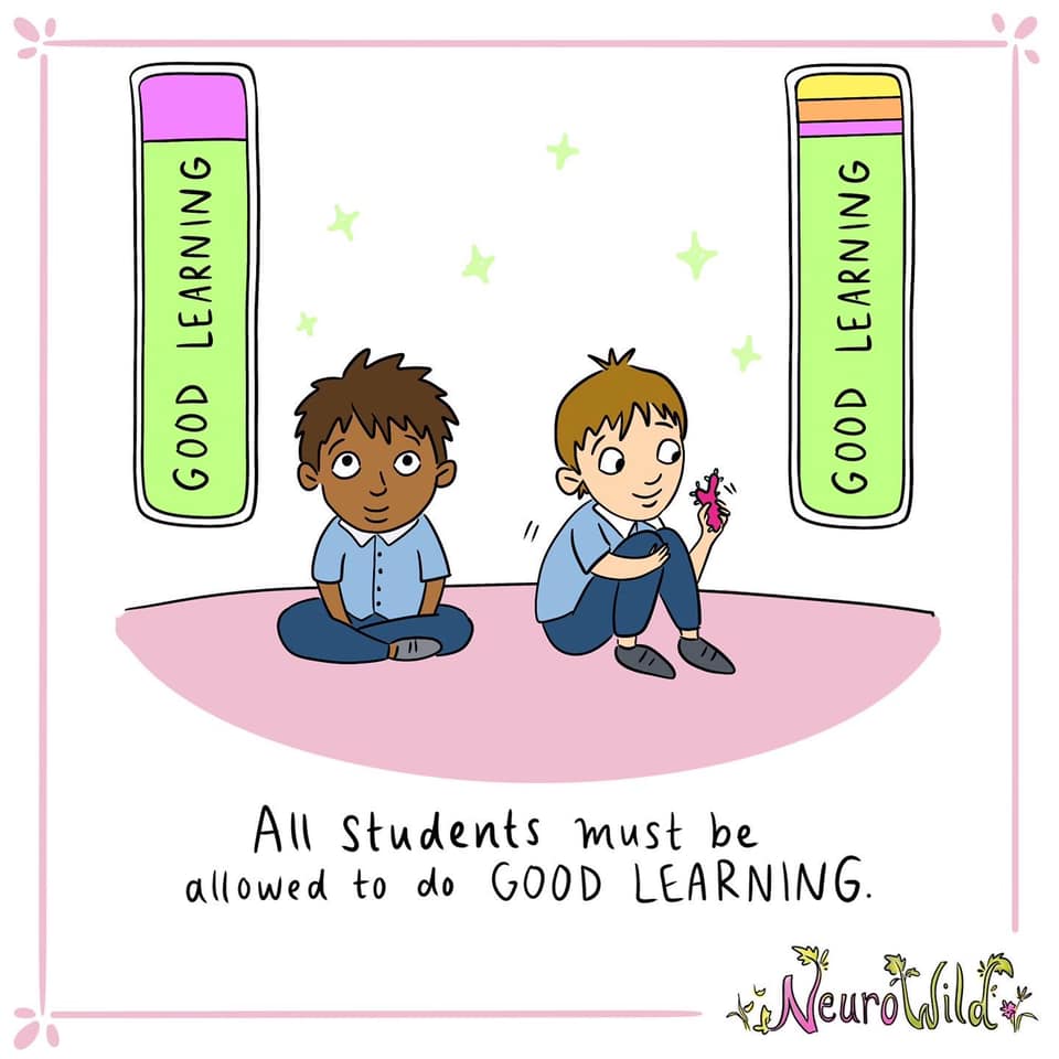 Cartoon of two boys sitting on a pink mat. The left is looking forward, the right is looking at a fidget toy in his hand. Both have vertical bars with roughly 80 percent labelled "Good learning". Caption reads "All students must be allowed to do good learning."
