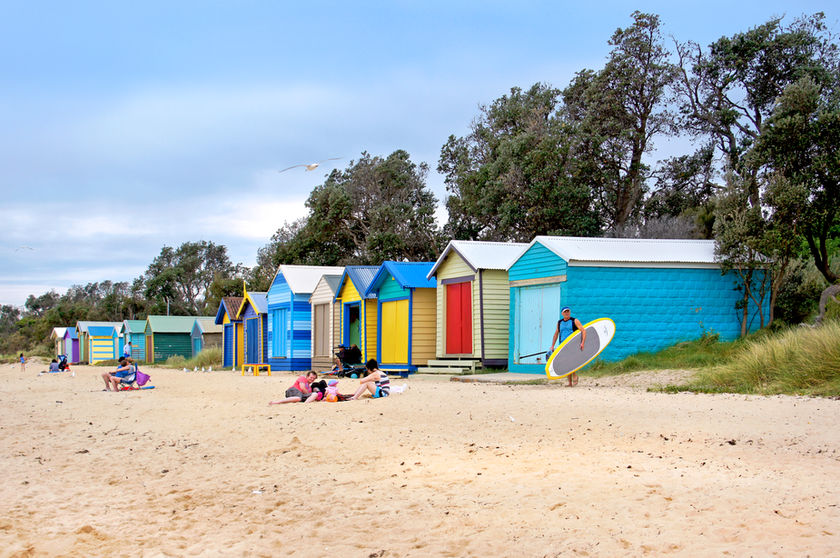 Brightly colored Melbourne property beach boxes at Brighton Beach