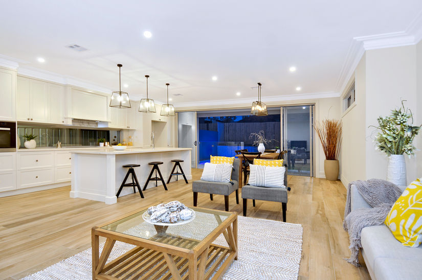 Modern open plan kitchen and living in Melbourne property.