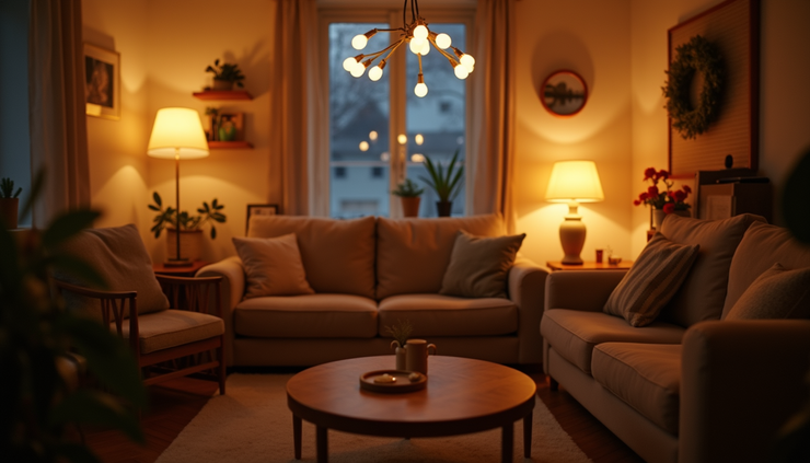 Eye-level view of a living room with warm lighting and modern fixtures