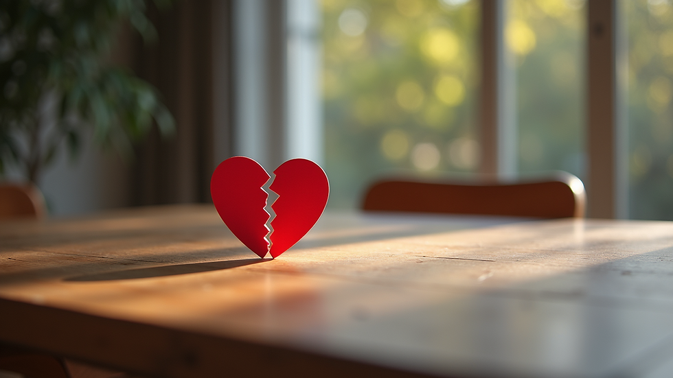 Close-up view of a broken heart symbol on a wooden table