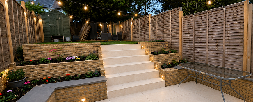 A luxury outdoor living space. Includes a patio with steps up to the lawn area, brick planters and spotlights