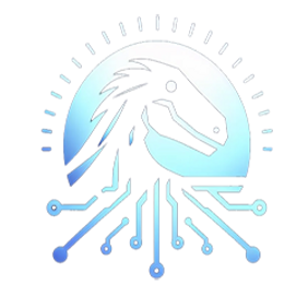 RheaTech logo as a blue mechanical dinosaur
