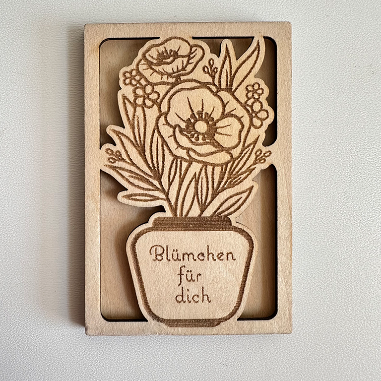 Miniaturbild: Hülle für Geschenkgutschein, Holz, Blumenvase, Wunschtext Beispiel Blümchen für dich