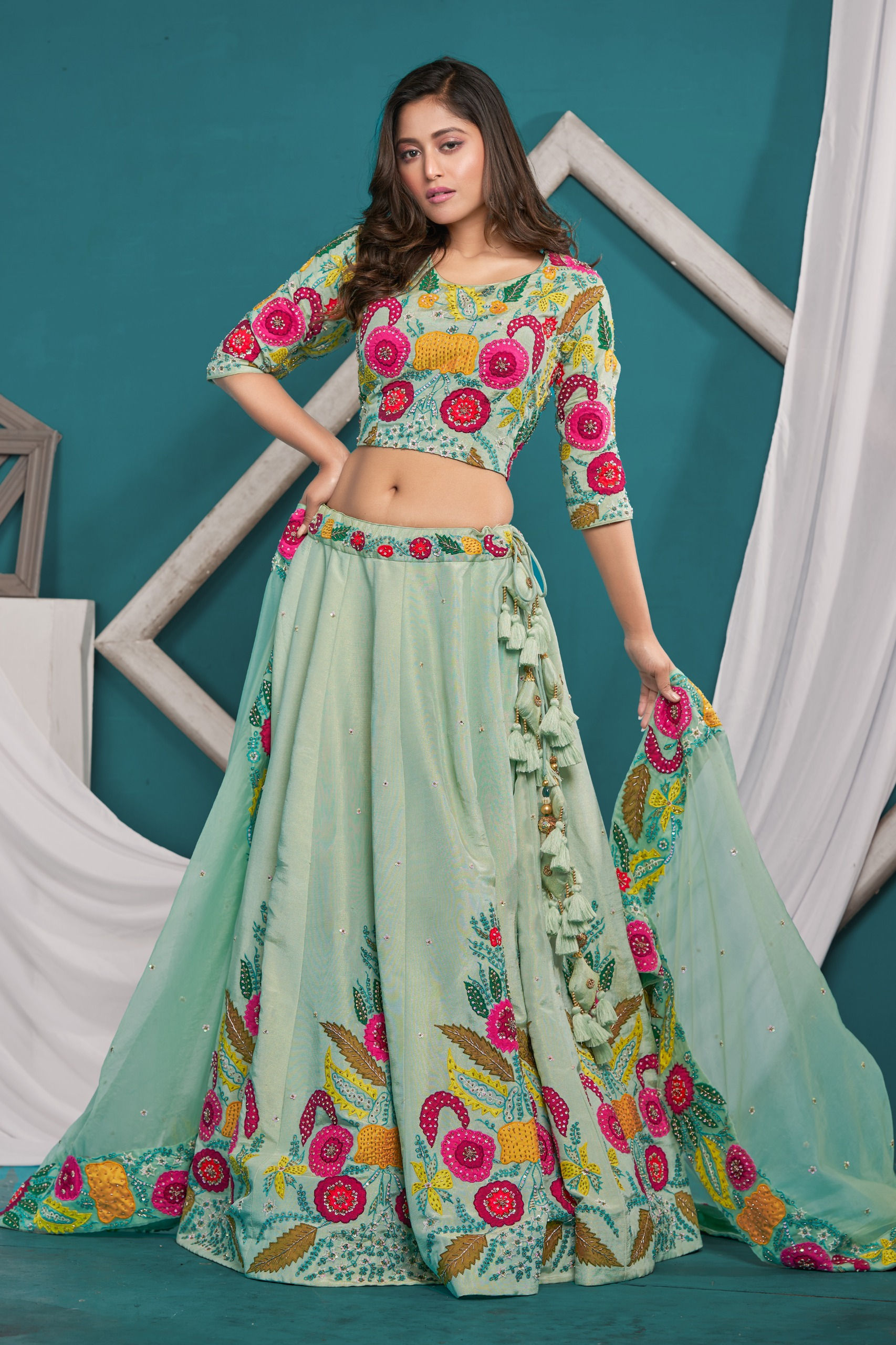 Aqua Shimmer Fancy Multi colour Applique Lehenga