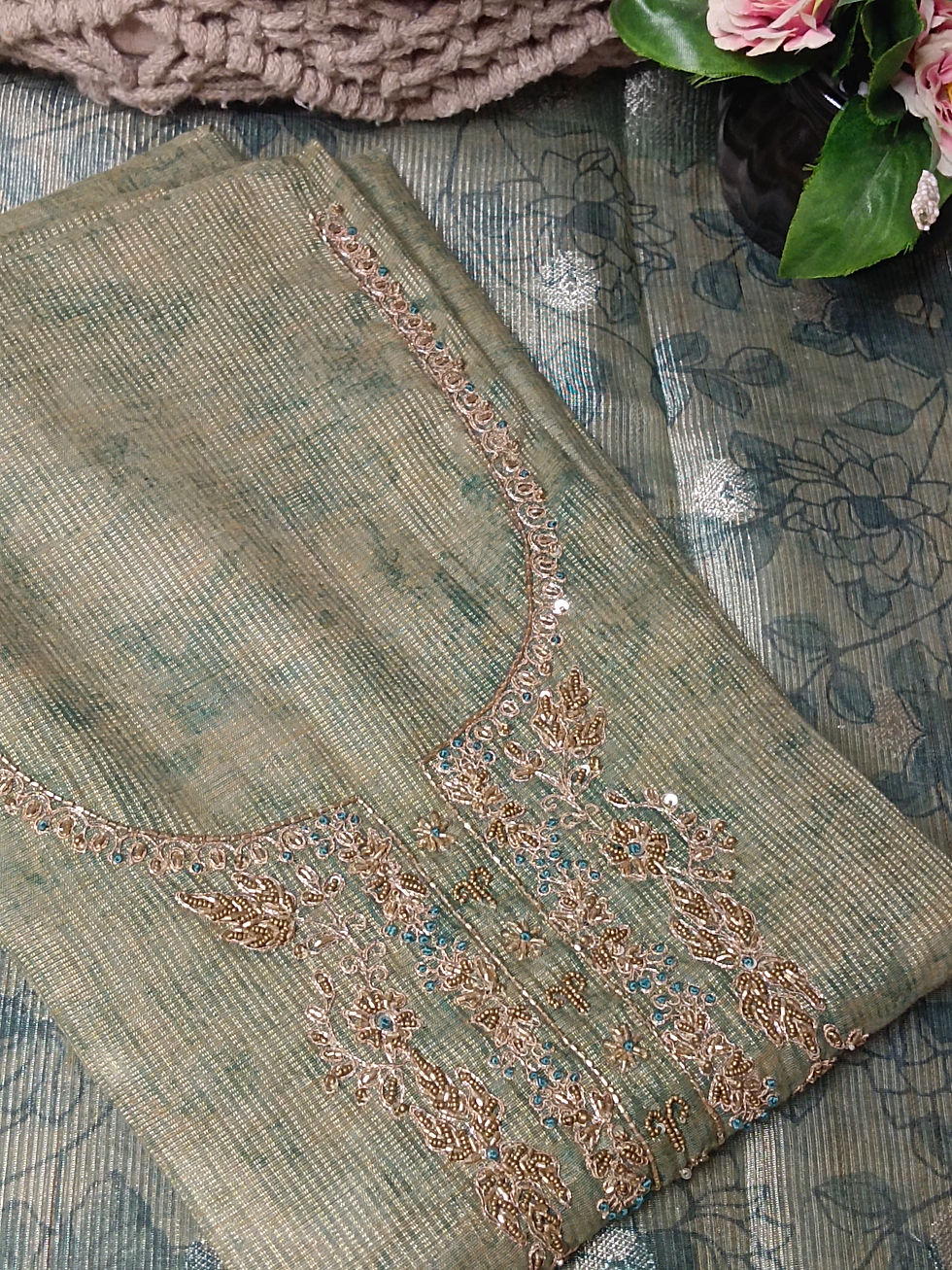 Thumbnail: Green Tissue Zari Work Unstiched Suit