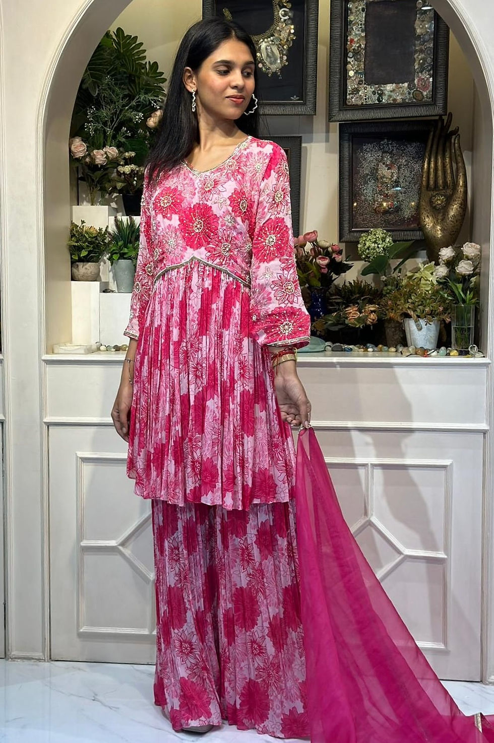 Floral Print Sharara Set with Organza Duppata
