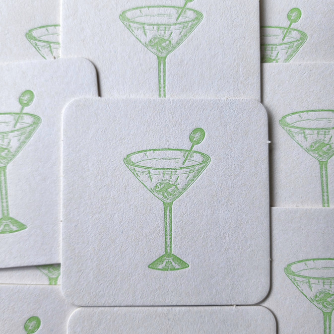 Cocktail Drink Letterpress Coasters - Martini,  Daiquiri, Highball, Mojito, Old Fashioned 