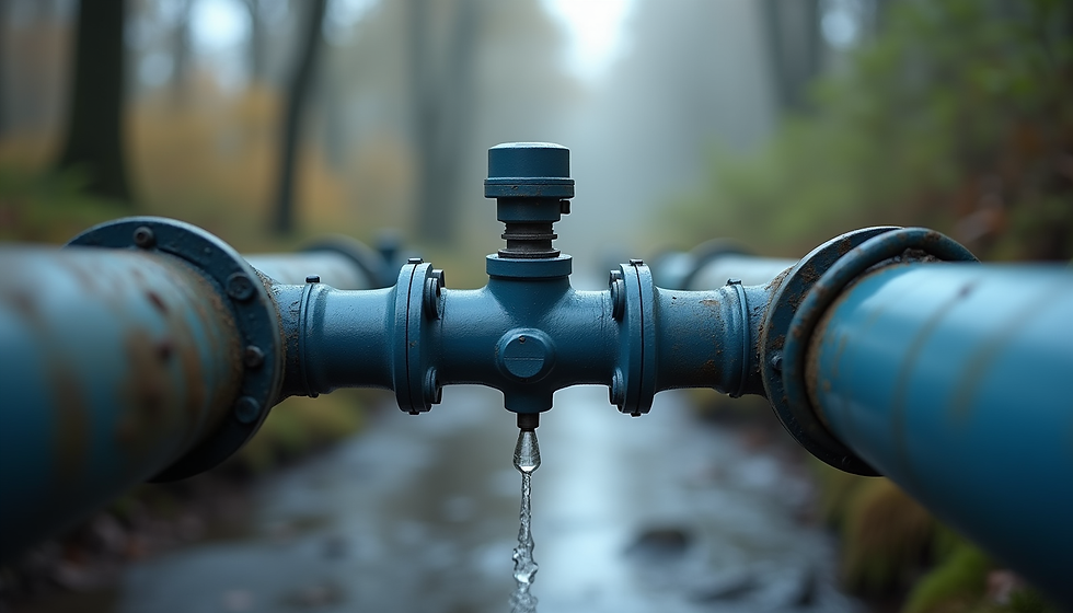 Blue water valve between pipes drips on a misty forest path, with blurred trees and a cool, moody backdrop.