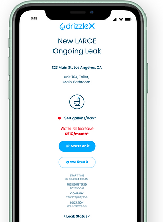 Water leak notification on a mobile screen says the bill will increse in 510 dollars due to a leak in a toilet