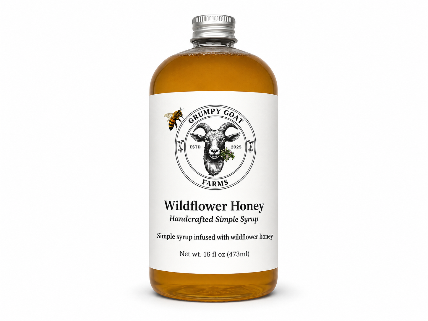 Bottle of wildflower honey infused syrup for coffee by Grumpy Goat Farms