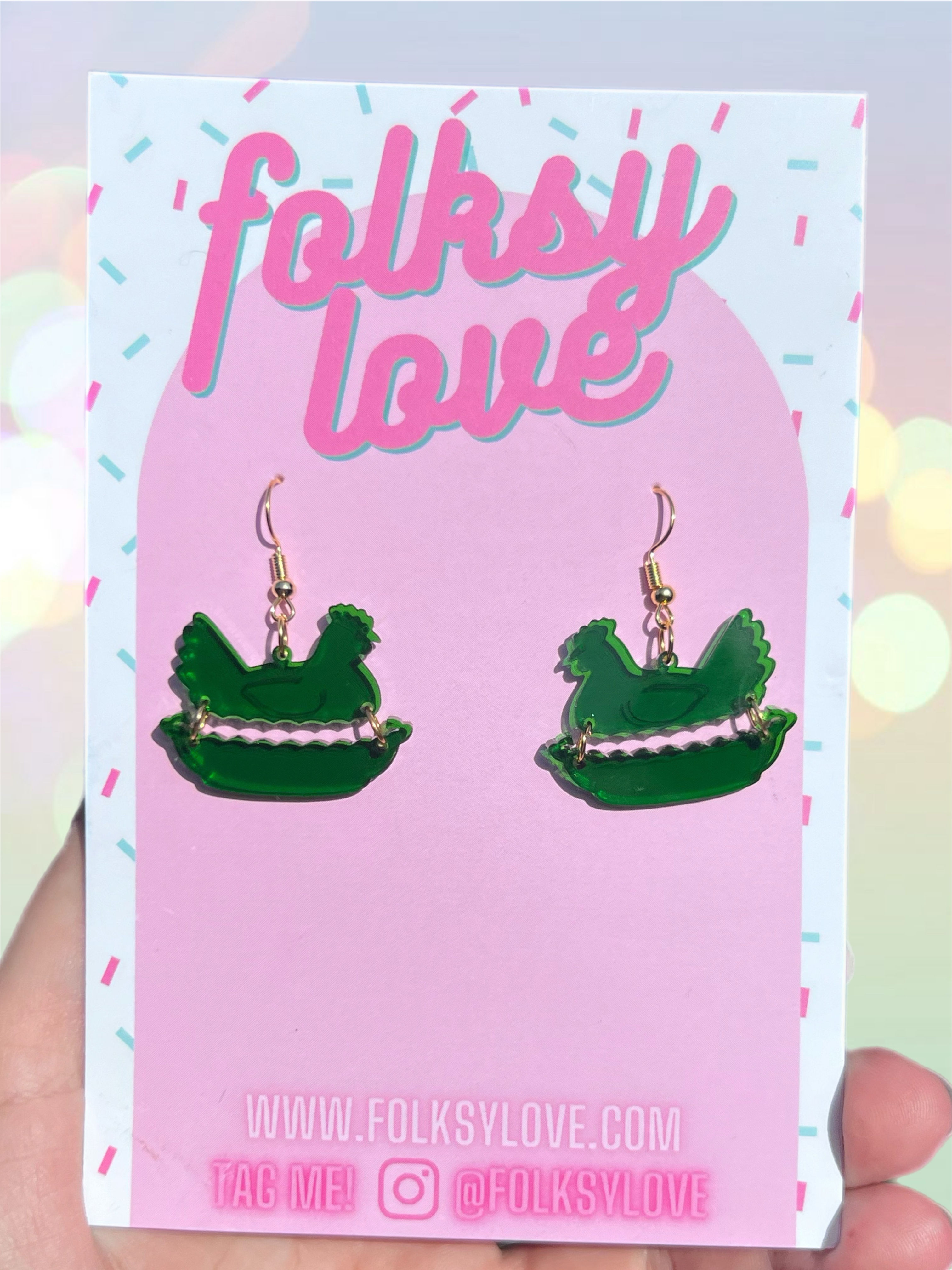 Glass chicken dish acrylic earrings 