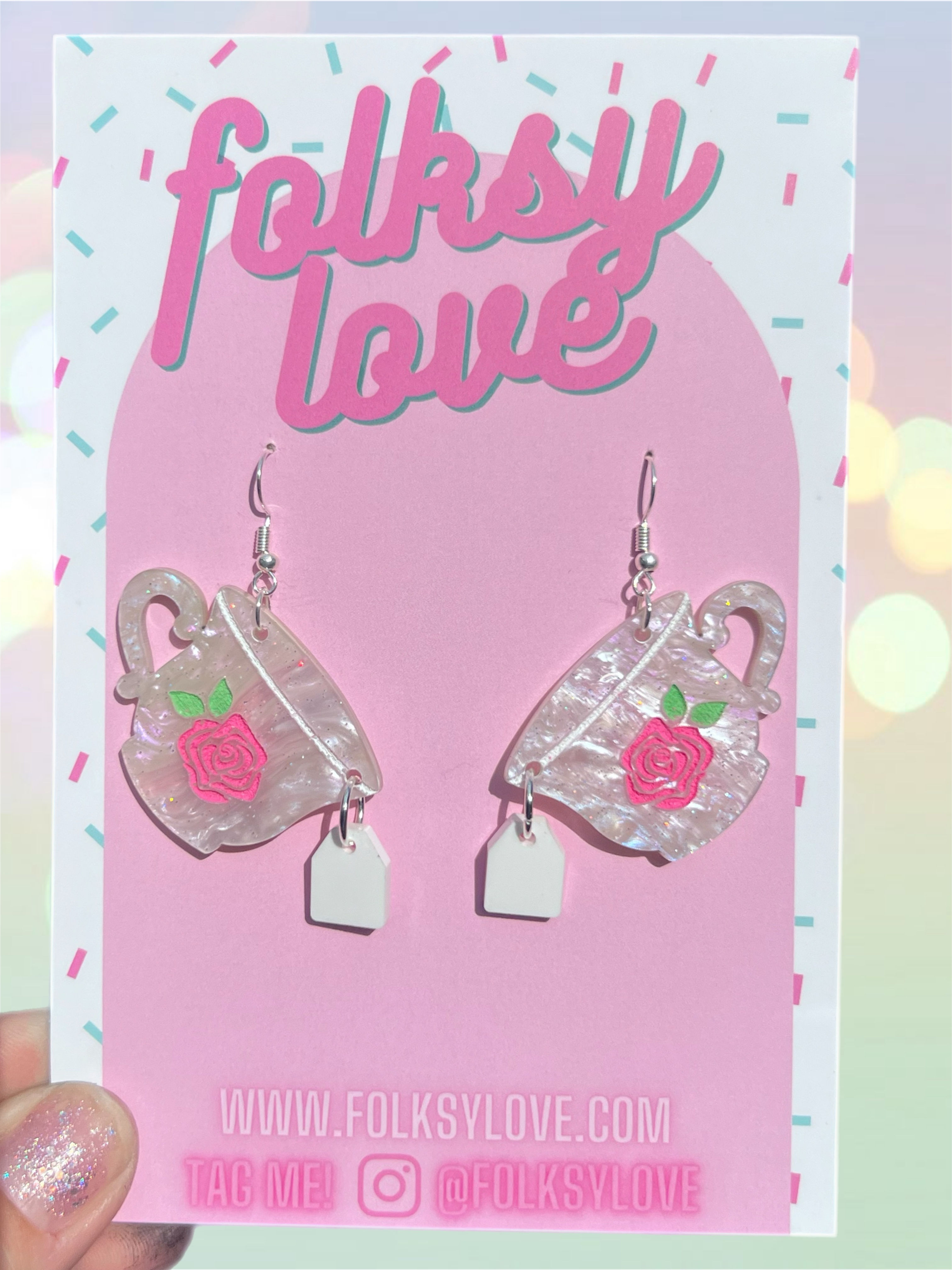 Iridescent white teacup acrylic earrings 