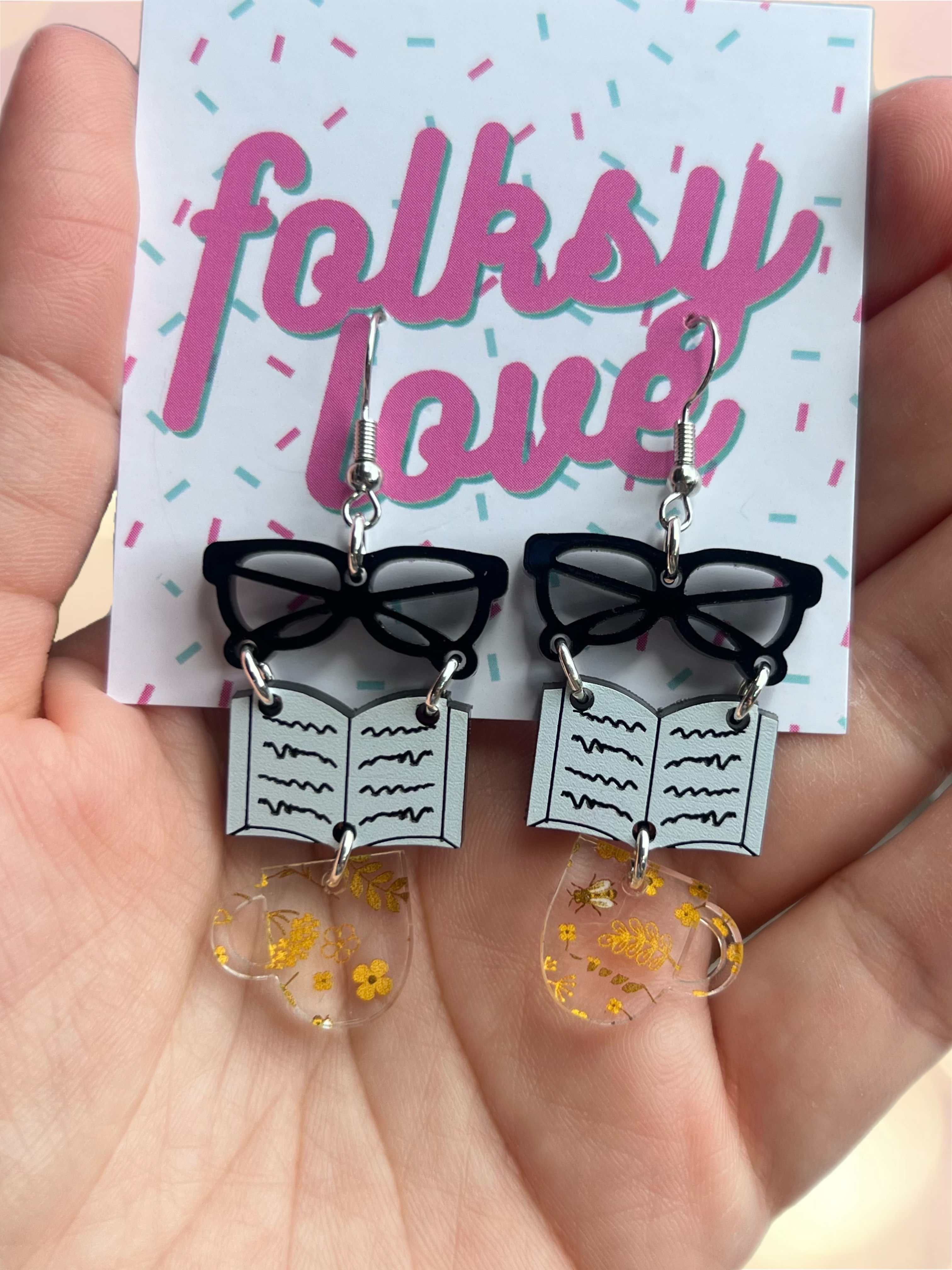 Cozy book lover stack acrylic earrings 