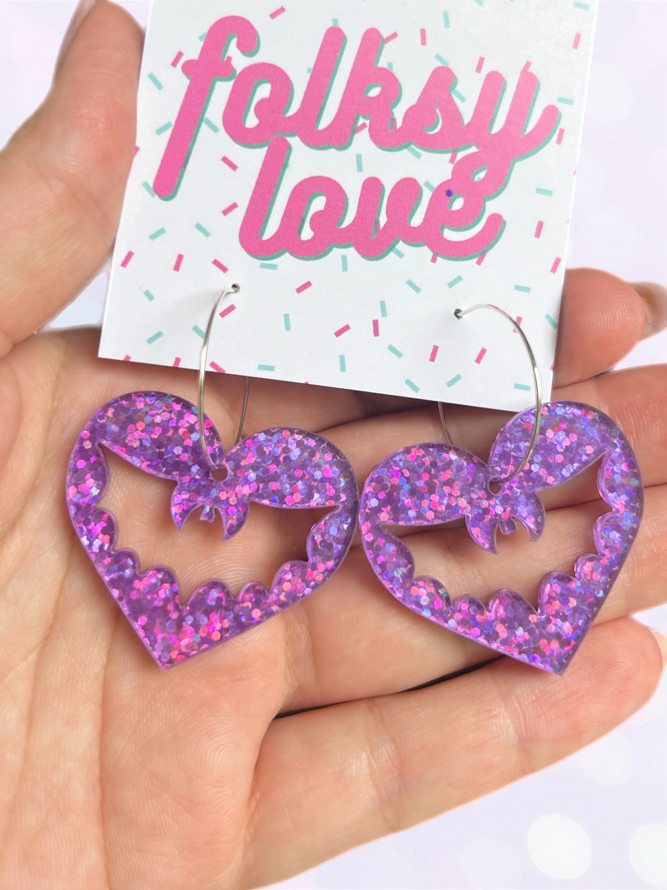 Holographic bat heart hoop earrings 
