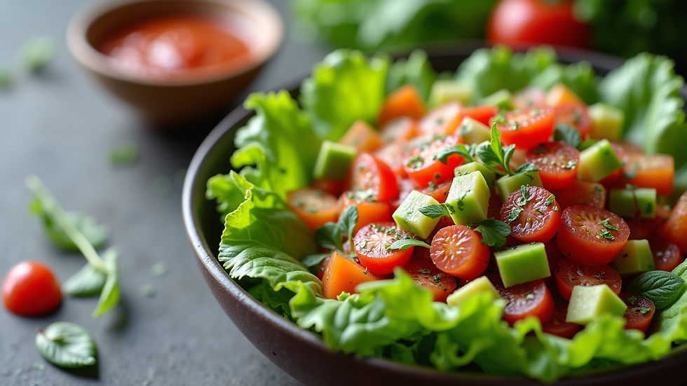 Close-up of a fresh salad with colorful vegetables and a small container of salad sauce