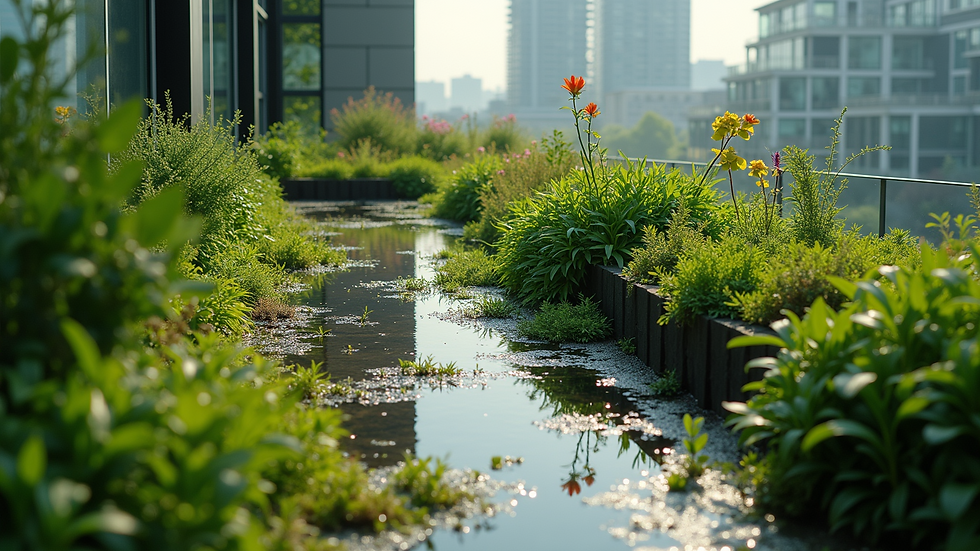 High angle view of a green roof with diverse plants and rainwater retention