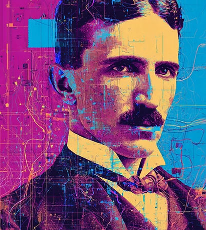 Retrato de Nikola Tesla con perspectiva del Laboratorio de Ondas Escalares