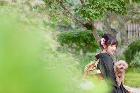 犬を抱っこして座っている振り袖を着た女性