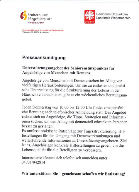 Unterstützungsangebot für Angehörige von Menschen mit Demenz