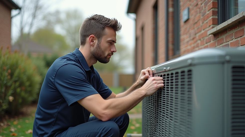 Close-up view of a technician servicing an HVAC unit outside a rental home