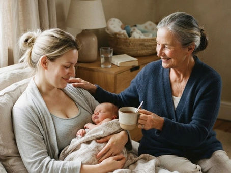 Asian postpartum caregiver comforting a new mother holding her newborn at home.