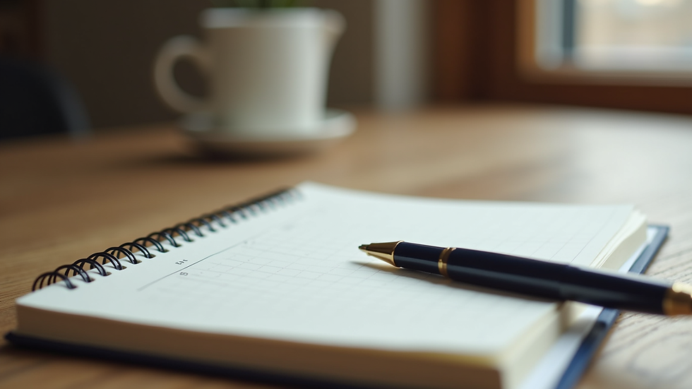 Close-up view of a journal and pen on a wooden table, symbolising self-reflection and coaching
