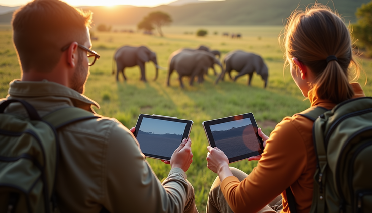 High angle view of a group of tourists using tablets during a guided safari tour