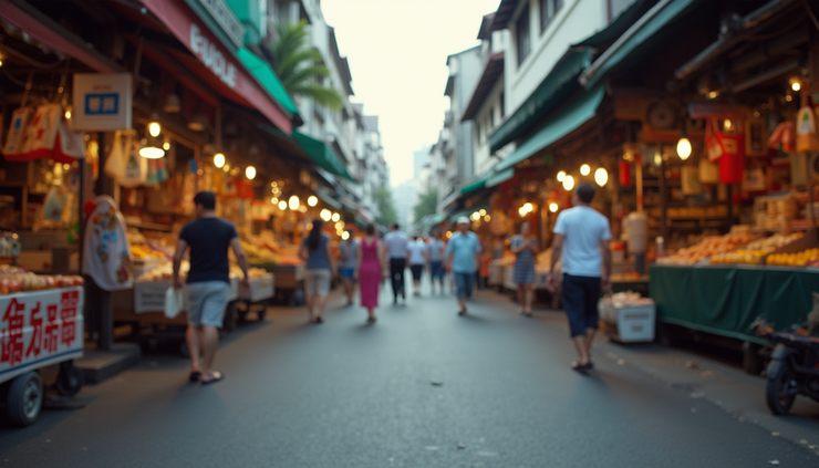 Eye-level view of a bustling street in Bangkok with colorful market stalls