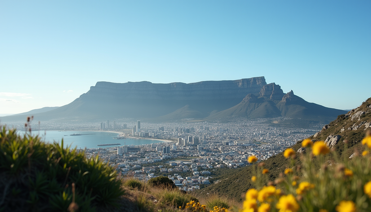 Eye-level view of Table Mountain with Cape Town cityscape in the foreground