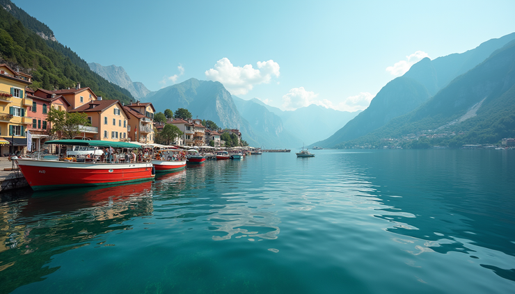 Eye-level view of San Pedro La Laguna lakeside with colorful boats docked