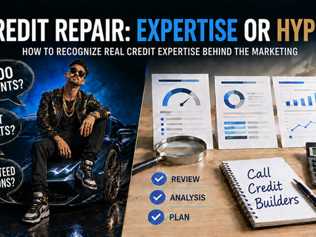 Credit repair expertise versus hype, contrasting flashy promises with professional credit-report analysis and a plan to call Credit Builders