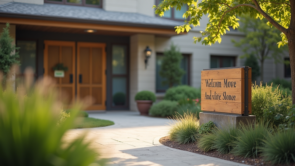 Eye-level view of community center entrance with welcoming signage