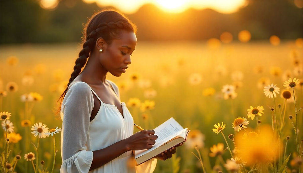 A young woman journaling in a sunlit meadow filled with wildflowers