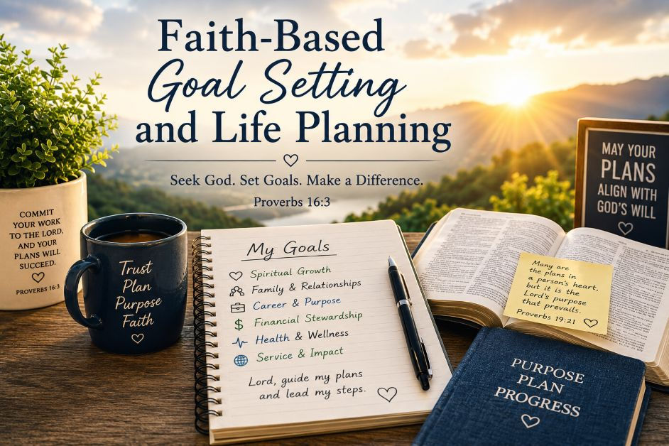 Faith-based goal setting and life planning with Bible, journal, planner, and sunrise symbolizing purpose, spiritual growth, intentional living, and future planning.