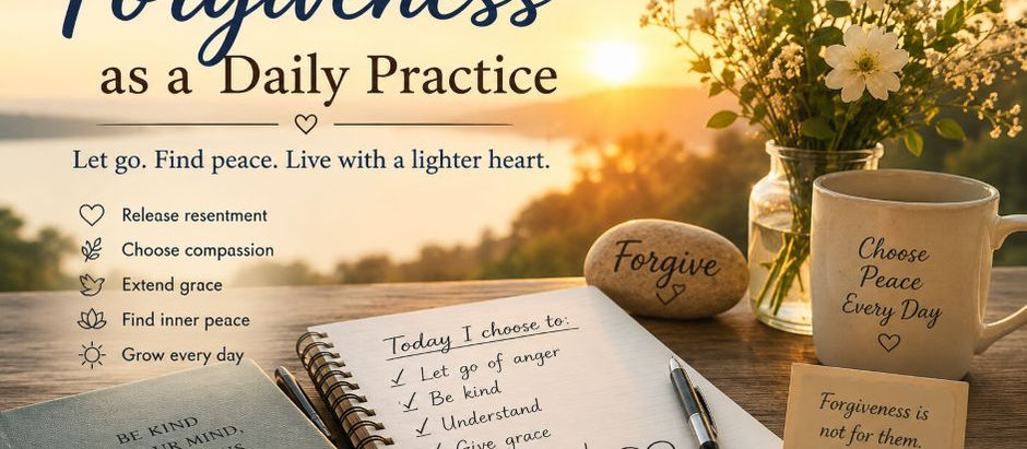 Forgiveness as a daily practice with journal, flowers, sunrise, and peaceful reflections symbolizing emotional freedom, inner peace, compassion, and spiritual growth.