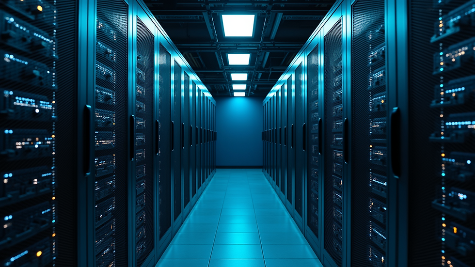 High angle view of a server room with cybersecurity equipment