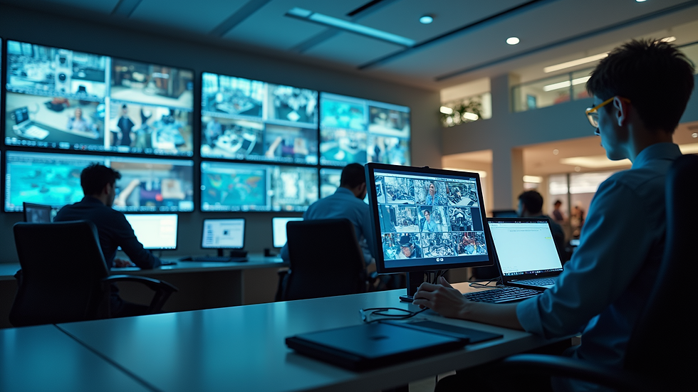 High angle view of a mall security control room with multiple surveillance monitors