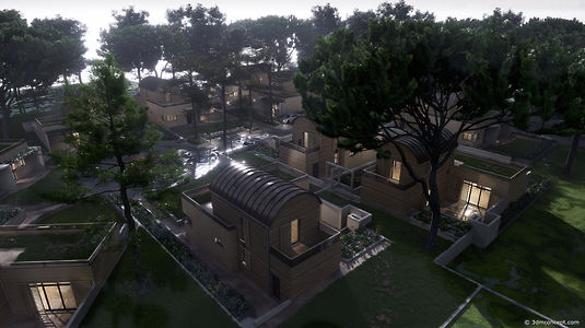 Un insieme di case individuali in legno con tetto curvo in zinco, organizzate attorno a spazi comuni.
Visualizzazione architettonica 3D e rendering esterno