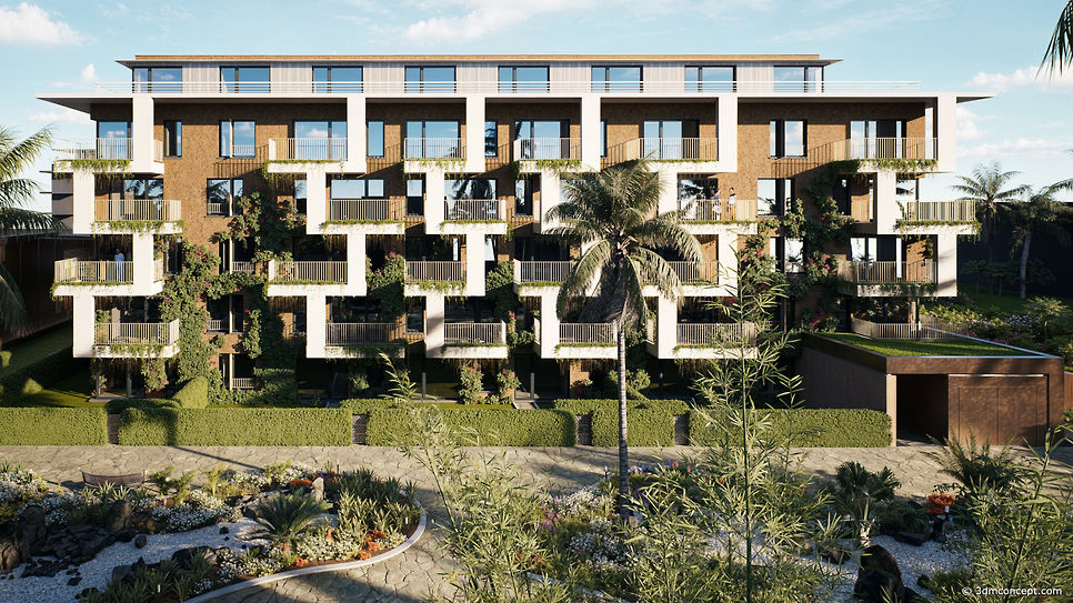 Visualización exterior de un edificio de apartamentos con fachada de chapa nervada y un hermoso jardín tropical
Visualización Arquitectónica 3D